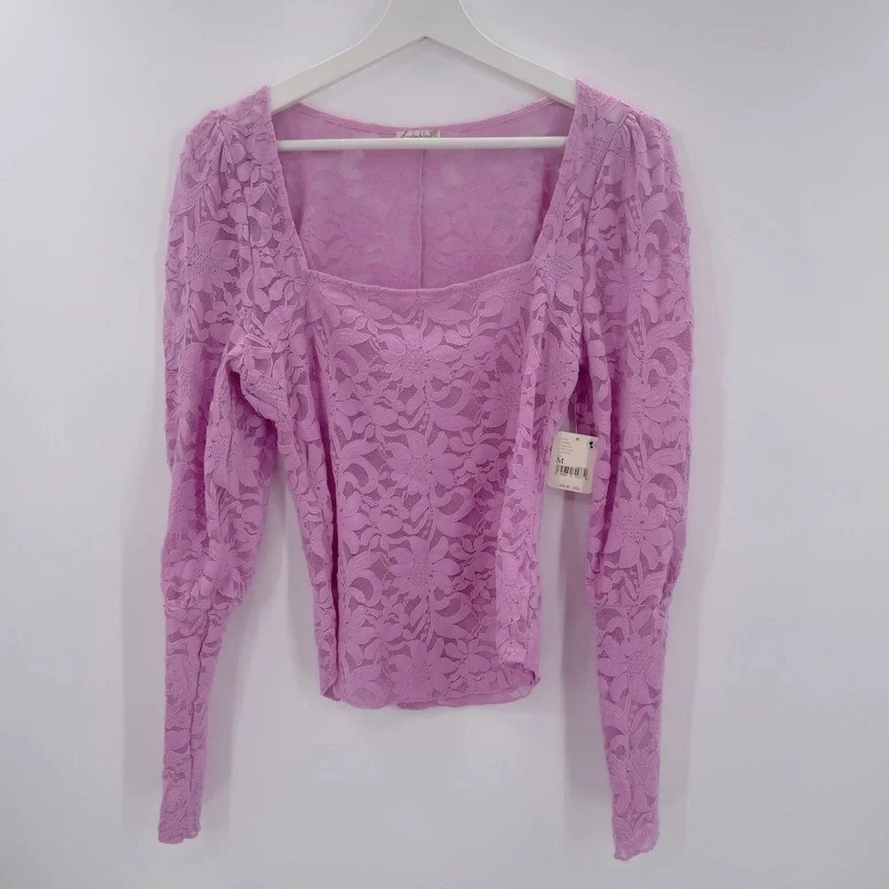 NWT Free People Lace Top Layering Long Sleeve Sheer Lace Top in Pink Size Medium